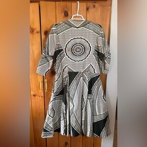 Dark Brown and Cream Patterned Midi Dress with Flared Skirt